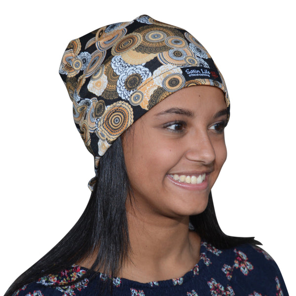Gold & Black Circles--ADJUSTABLE DRAWSTRING Satin Lined Cap – Satin Life